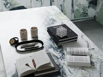 Marble Tabletop Decorative Ornament Set With Stacked Books Pen Tray And Leaf Decor 3d model