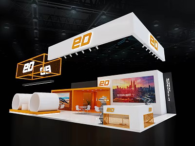 ED Brand Exhibition Booth With White And Orange Modern Design Large Screen Cityscape 3d model