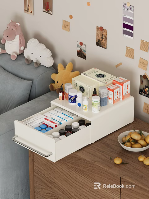 White Home Cabinet With Open Drawer Storing Medicine Supplies And Bottles 3d model 