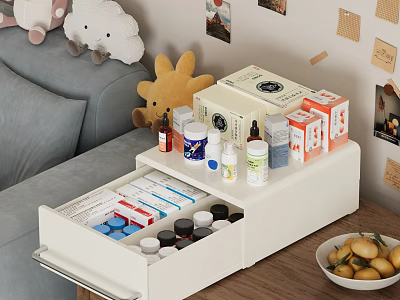White Home Cabinet With Open Drawer Storing Medicine Supplies And Bottles 3d model