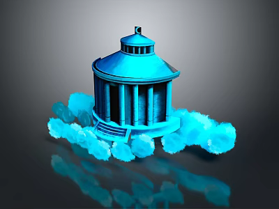 3D Blue Domed Building Model With Columns Steps Blue Cloud Like Objects On Dark Background 3d model