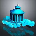3D Blue Domed Building Model With Columns Steps Blue Cloud Like Objects On Dark Background