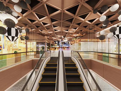 Bright Shopping Mall Lobby With Escalators Wooden Ceiling And Decorative Lanterns 3d model