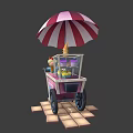 Vibrant Ice Cream Cart With Red And White Striped Umbrella Cones And Fruits
