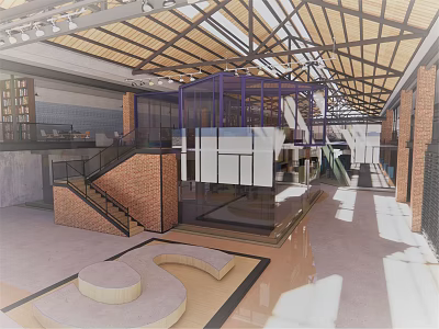 Modern Front Desk Reception Area With Glass Facade Brick Wall And Wooden Roof Structure 3d model