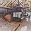 Modern Front Desk Reception Area With Glass Facade Brick Wall And Wooden Roof Structure