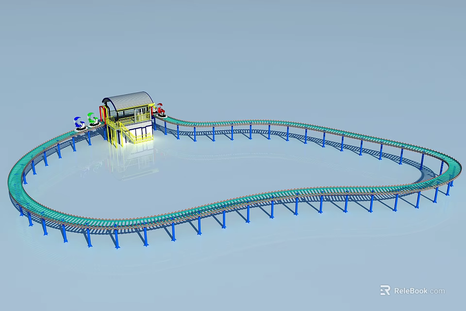 Mini Train Amusement Rides With Curved Blue Track Yellow Station And Sturdy Supports 3d model 