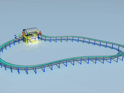 Mini Train Amusement Rides With Curved Blue Track Yellow Station And Sturdy Supports 3d model