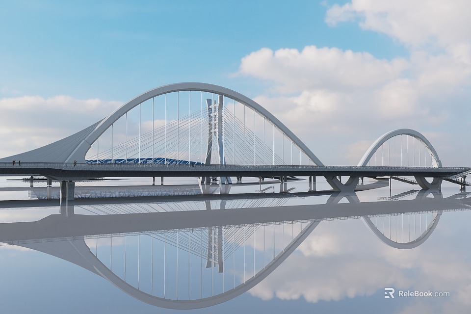 Modern Arch Bridge Over Water With Reflection And Blue Sky White Clouds 3d model 