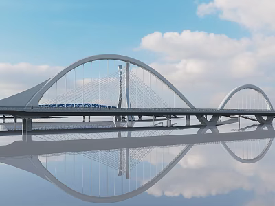 Modern Arch Bridge Over Water With Reflection And Blue Sky White Clouds 3d model