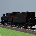 Black Steam Train Model on Railway Track with Green Grass and Gray Sky