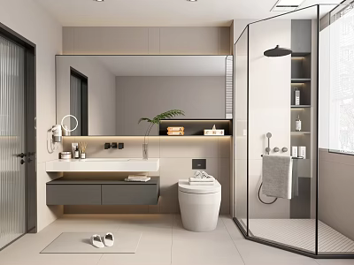 Modern Bathroom Interior Design With Vanity Mirror Toilet Glass Shower And Potted Plant 3d model