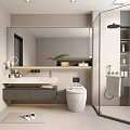 Modern Bathroom Interior Design With Vanity Mirror Toilet Glass Shower And Potted Plant