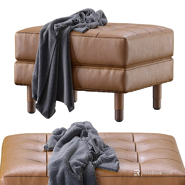 Modern Brown Leather Sofa Stool with Gray Blanket and Wooden Legs 3d model 