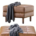 Modern Brown Leather Sofa Stool with Gray Blanket and Wooden Legs