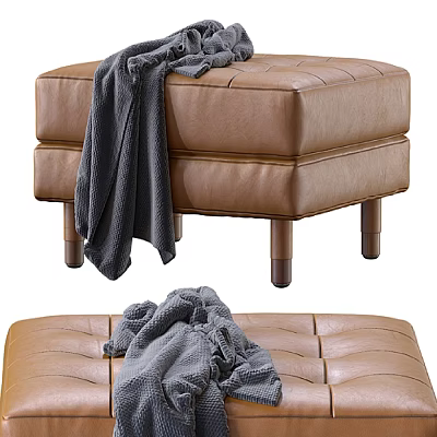 Modern Brown Leather Sofa Stool with Gray Blanket and Wooden Legs 3d model