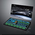 Illuminated Electronic Control Panel with Glowing Keyboard and Spaceship Night City Screen