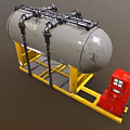 Gray Industrial Storage Tank With Black Pipes On Yellow Frame And Red Control Cabinet