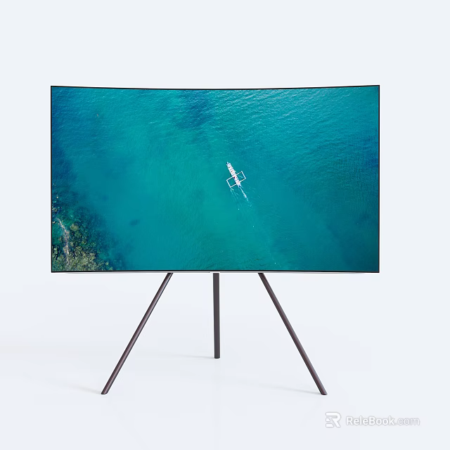Sleek Television Displaying Blue Ocean View with Small Boat on Tripod Stand Against White Background 3d model 