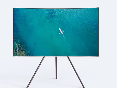 Sleek Television Displaying Blue Ocean View with Small Boat on Tripod Stand Against White Background 3d model