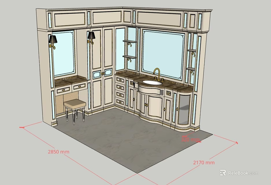 Spacious Bathroom Corner Sink Vanity With Storage Cabinets Mirror And Lighting 3d model 
