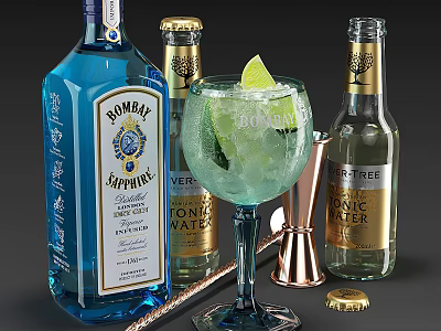 Bombay Sapphire Gin Tonic Bottles and Cocktail Glass with Lime Garnish and Shaker 3d model