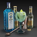 Bombay Sapphire Gin Tonic Bottles and Cocktail Glass with Lime Garnish and Shaker