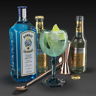 Bombay Sapphire Gin Tonic Bottles and Cocktail Glass with Lime Garnish and Shaker 3d model