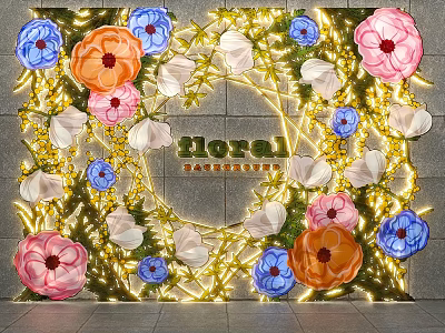 Floral Photo Check in Spot Featuring Colorful Flowers Golden Lights and Decorations 3d model