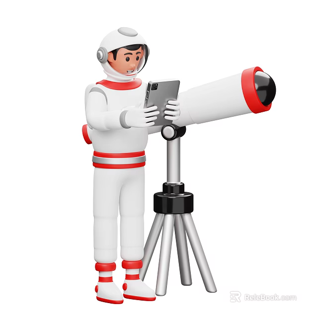 Astronaut Game Movie Character White Suit With Red Stripes Holding Tablet With Telescope On Tripod 3d model 