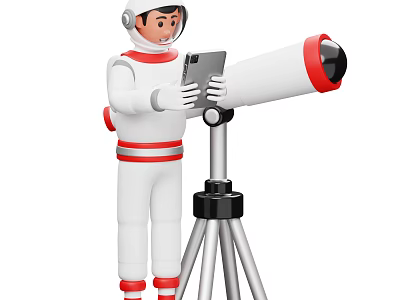 Astronaut Game Movie Character White Suit With Red Stripes Holding Tablet With Telescope On Tripod 3d model