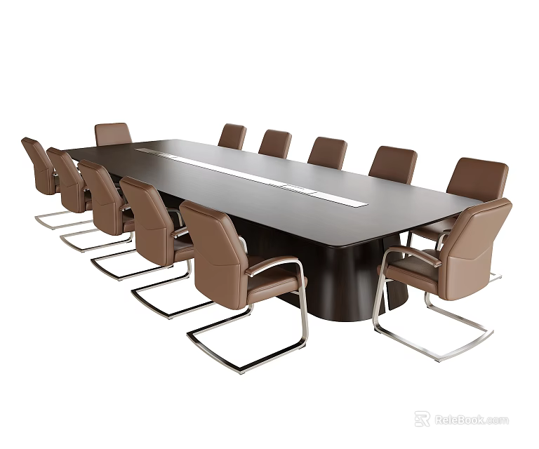 Modern Black Long Conference Table With Brown Leather Chairs And Metal Frames 3d model 