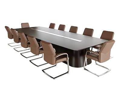 Modern Black Long Conference Table With Brown Leather Chairs And Metal Frames 3d model