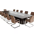 Modern Black Long Conference Table With Brown Leather Chairs And Metal Frames