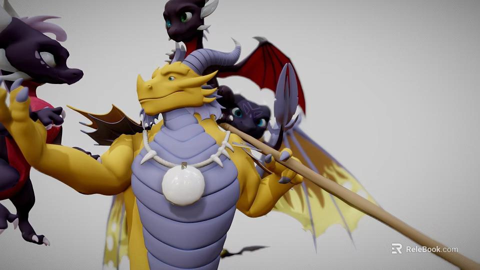 Game and Movie Dragon Characters with Yellow Purple Bodies Red Wings Staff and Pendant Ball 3d model 
