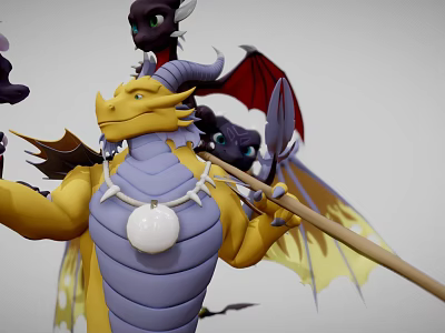 Game and Movie Dragon Characters with Yellow Purple Bodies Red Wings Staff and Pendant Ball 3d model