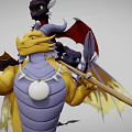 Game and Movie Dragon Characters with Yellow Purple Bodies Red Wings Staff and Pendant Ball