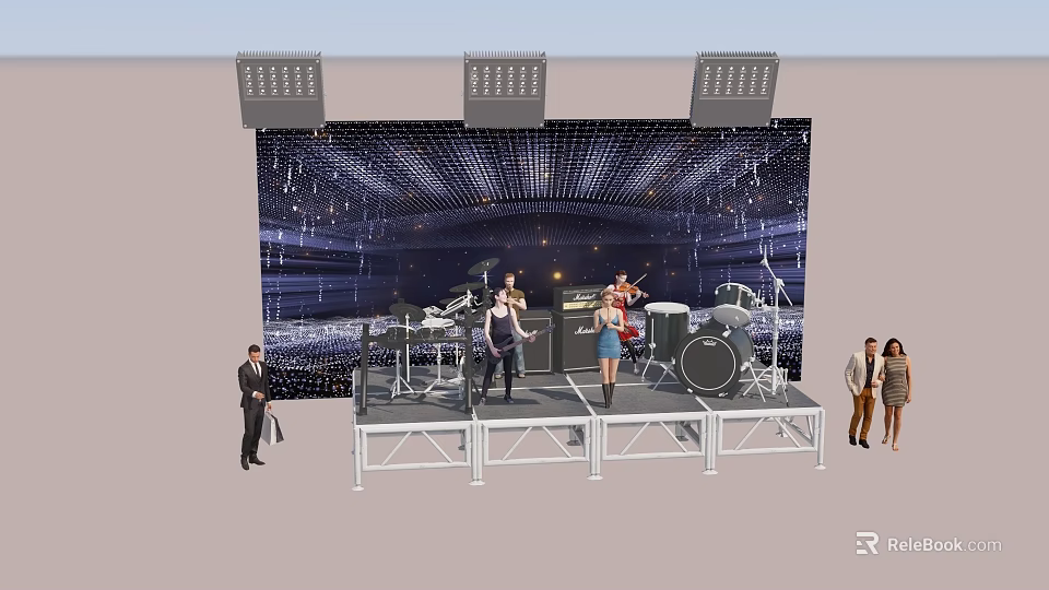 Live Band Performing On Stage With Sparkling Decorations Bright Lights And People Standing 3d model 