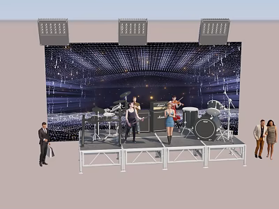 Live Band Performing On Stage With Sparkling Decorations Bright Lights And People Standing 3d model