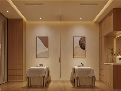 Serene SPA Sauna Interior Design with Two Massage Tables Wooden Decor and Soft Lighting 3d model