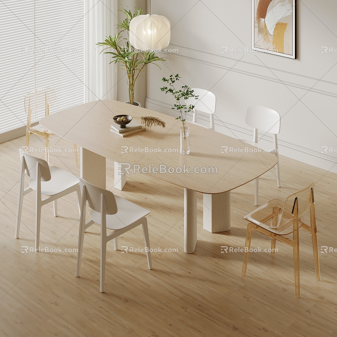 Modern Cream Style Solid Wood Dining Table and Chair Combination Fabric Backrest Dining Chair Vase Potted Plant Decorative Painting Carpet Shutters 3d model