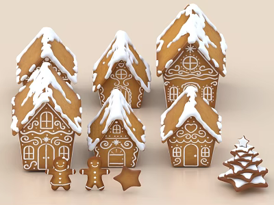 Festive Gingerbread Houses With Snowy White Icing Gingerbread Men Star Cookies And Tree 3d model