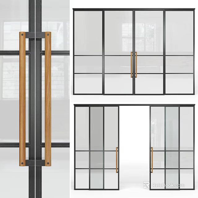 Modern Sliding Doors With Glass Panels Metal Frames And Wooden Handles 3d model 