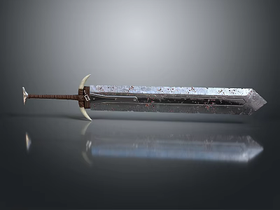 Worn Metallic Sword With Brown Hilt And Decorative Guard On Reflective Surface 3d model