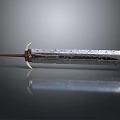 Worn Metallic Sword With Brown Hilt And Decorative Guard On Reflective Surface