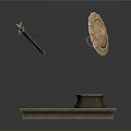 Ancient Weapons Display Featuring Spear And Shield Floating Above Stone Platform With Small Structure 3d model