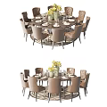 Stylish Round Dining Table Set with Eight Chairs Vase with Flowers and Tableware 3d model