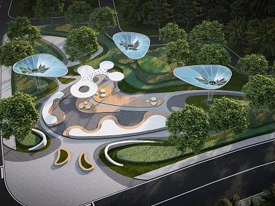 Modern Park Landscape With Blue Canopy Structures Winding Pathways And Green Lawns 3d model
