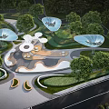 Modern Park Landscape With Blue Canopy Structures Winding Pathways And Green Lawns