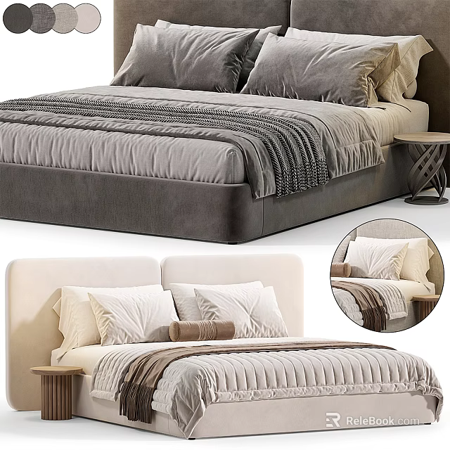 Modern Double Bed Interior With Upholstered Headboard Plush Pillows Textured Blanket And Nightstand 3d model 